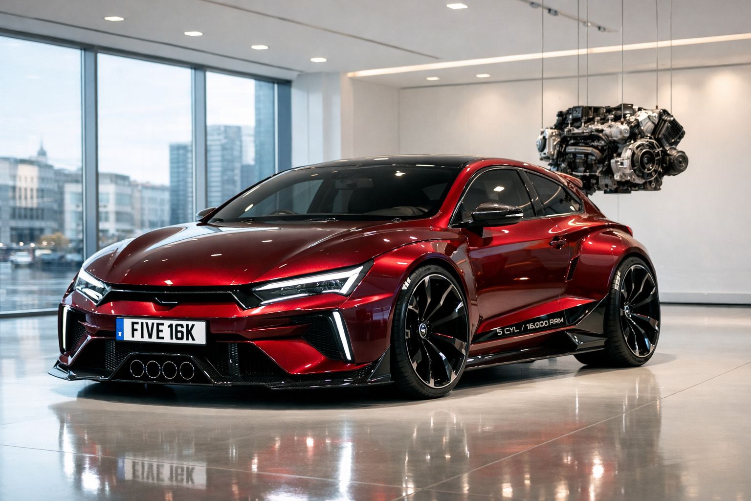 Carro desportivo vermelho brilhante com jantes pretas largas em espaço interior moderno com motor suspenso.