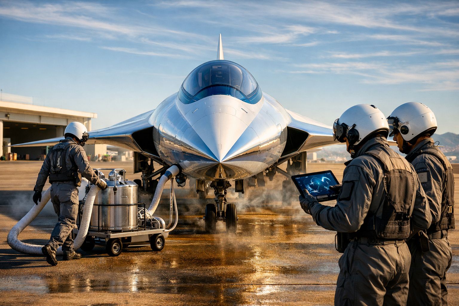 Três técnicos em fato de piloto preparam um jato militar estacionado numa pista de aeroporto ao amanhecer.