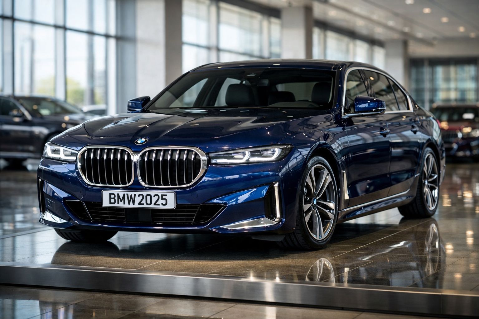 Carro BMW azul 2025 em exposição numa sala moderna com piso brilhante e luz natural.