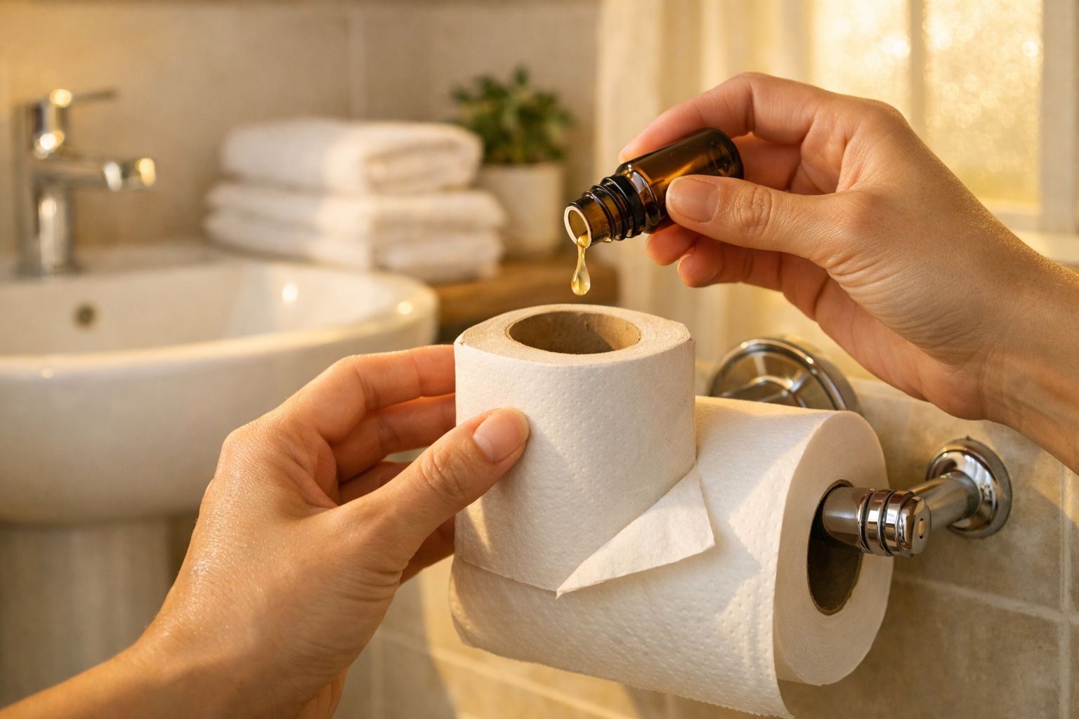 Mãos a gotear óleo essencial num rolo de papel higiénico num suporte metálico numa casa de banho.