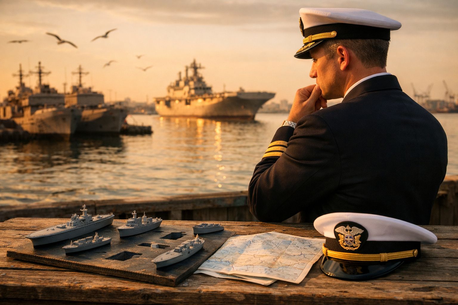 Oficial naval contempla navios de guerra ao pôr do sol, com maqueta e mapa na mesa à sua frente.