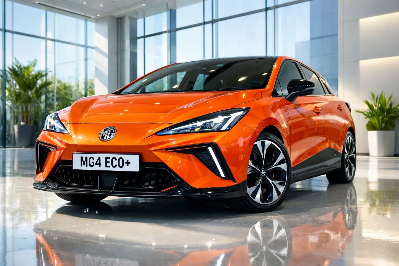 Carro elétrico compacto laranja MG4 ECO+ estacionado em ambiente moderno e luminoso.