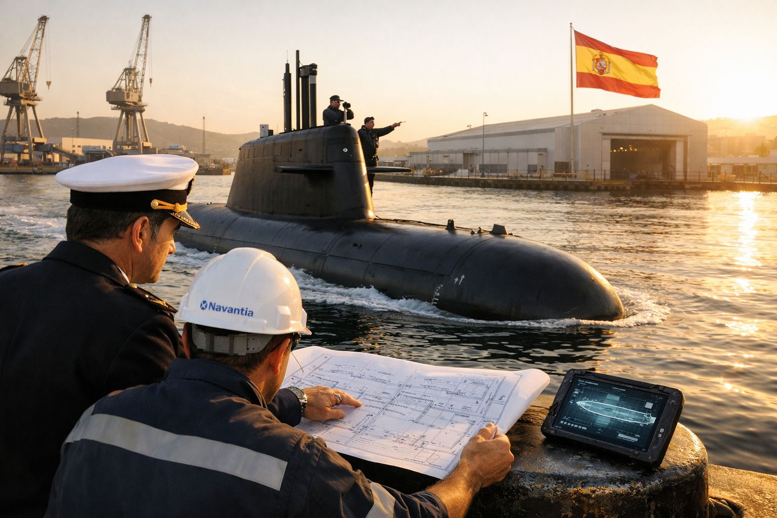 Dois homens analisam planos navais enquanto observam um submarino a aproximar-se de um cais com a bandeira de Espanha.