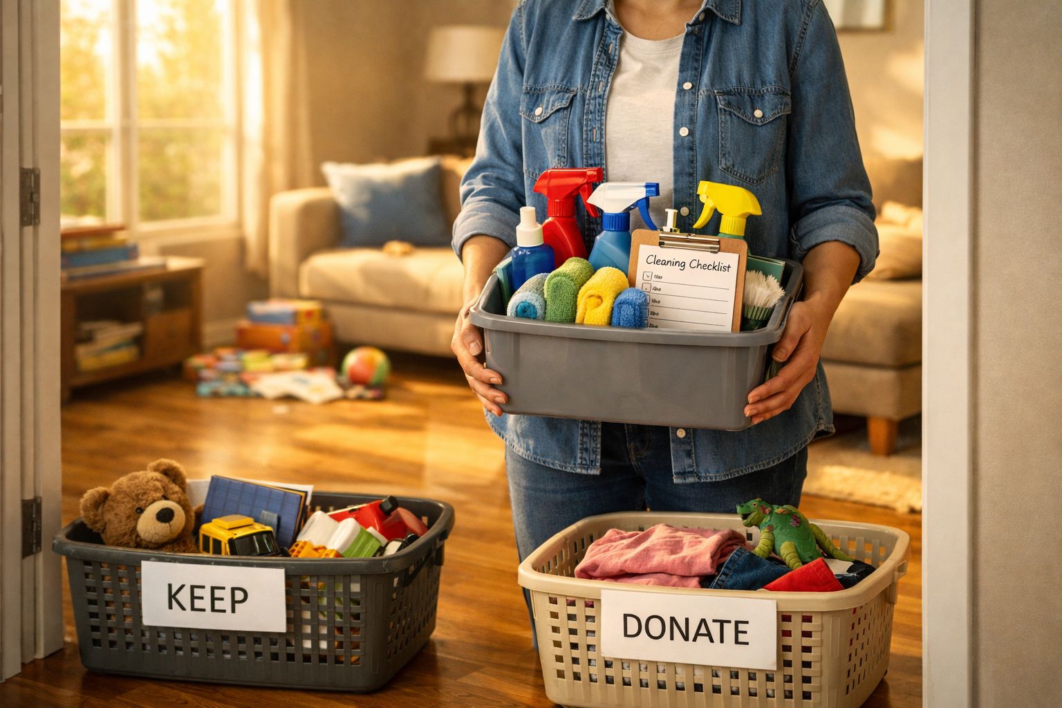Pessoa a segurar caixa com produtos de limpeza, entre cestos etiquetados com brinquedos para guardar e doar.