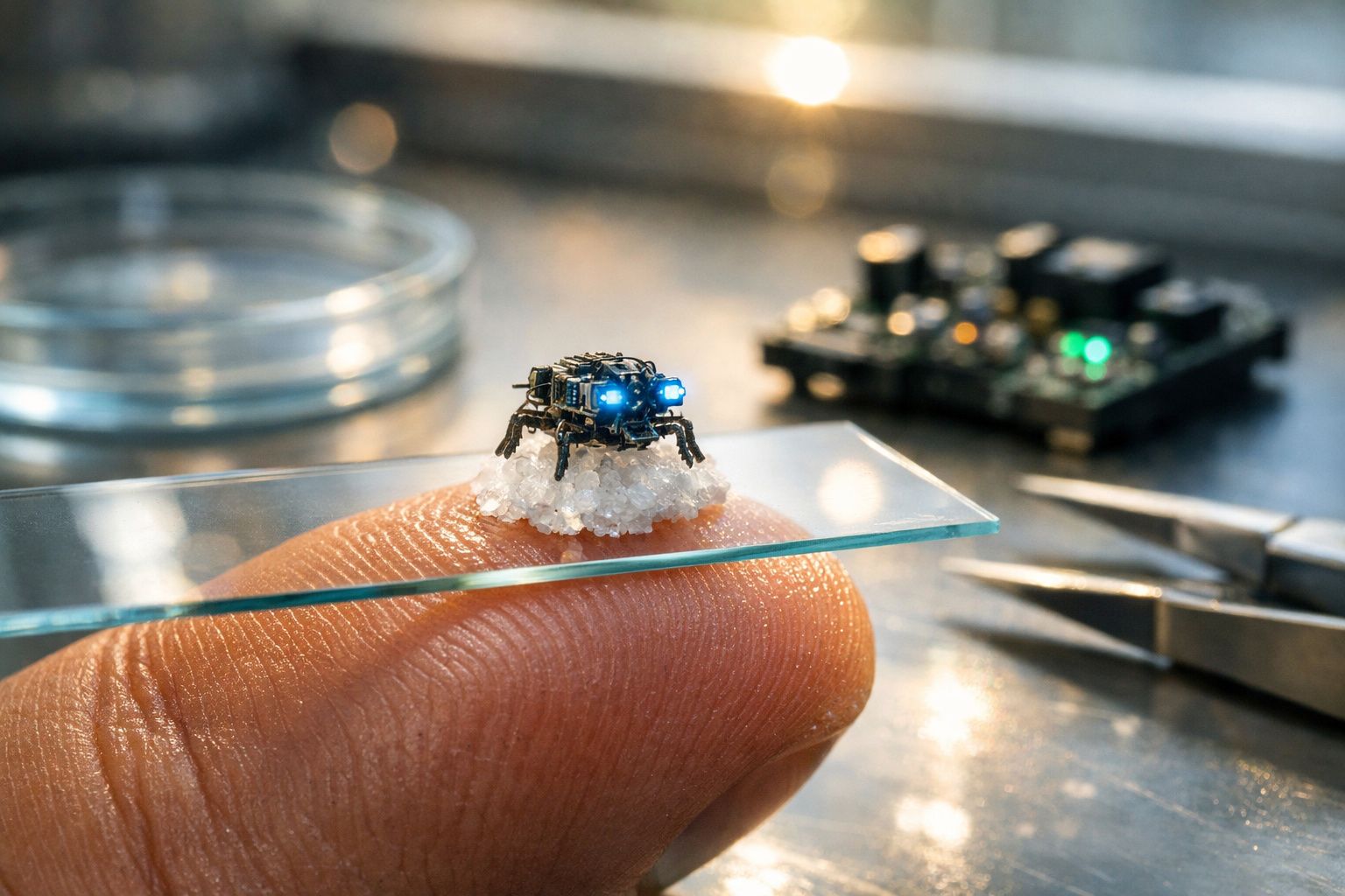 Micro robô com luzes azuis sobre cristais, apoiado num vidro na ponta de um dedo humano.