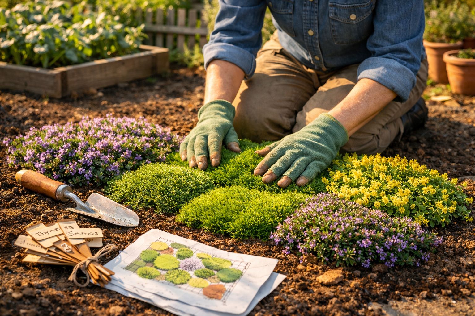 Pessoa a cuidar de plantas aromáticas num jardim com luvas verdes e ferramentas ao lado.