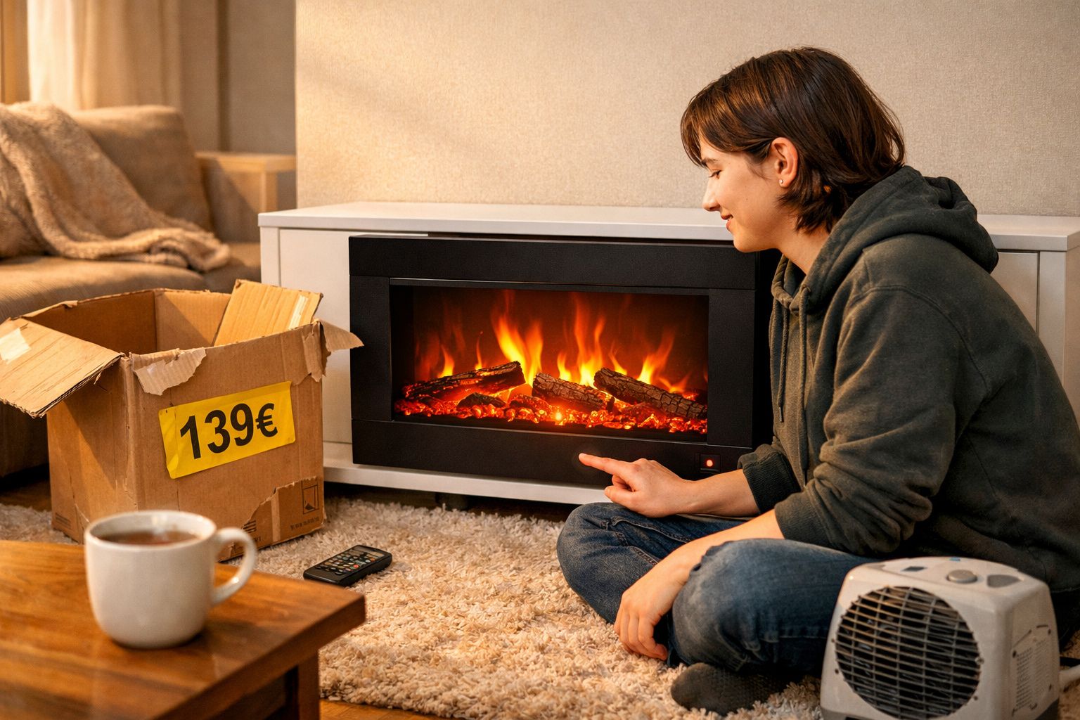 Pessoa sentada no chão junto a lareira elétrica com caixa de papelão e chávena na mesa.