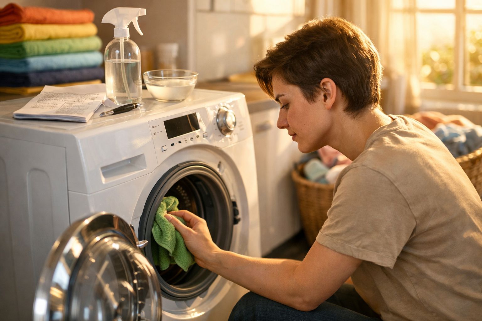 Pessoa a limpar uma máquina de lavar roupa com um pano verde numa divisão bem iluminada.