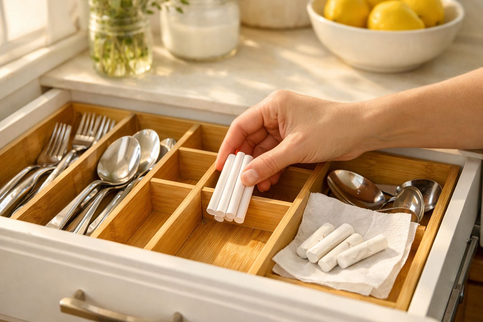 Mão a guardar giz branco numa gaveta de cozinha com talheres organizados em divisórias de madeira.