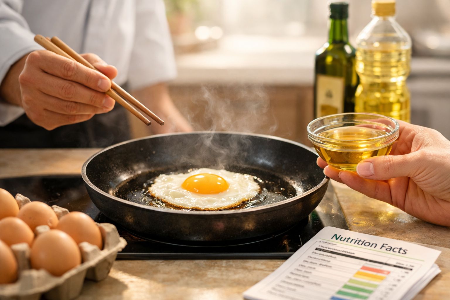 Pessoa a cozinhar ovo estrelado numa frigideira com pauzinhos e óleo, com embalagem de ovos e garrafas ao fundo.