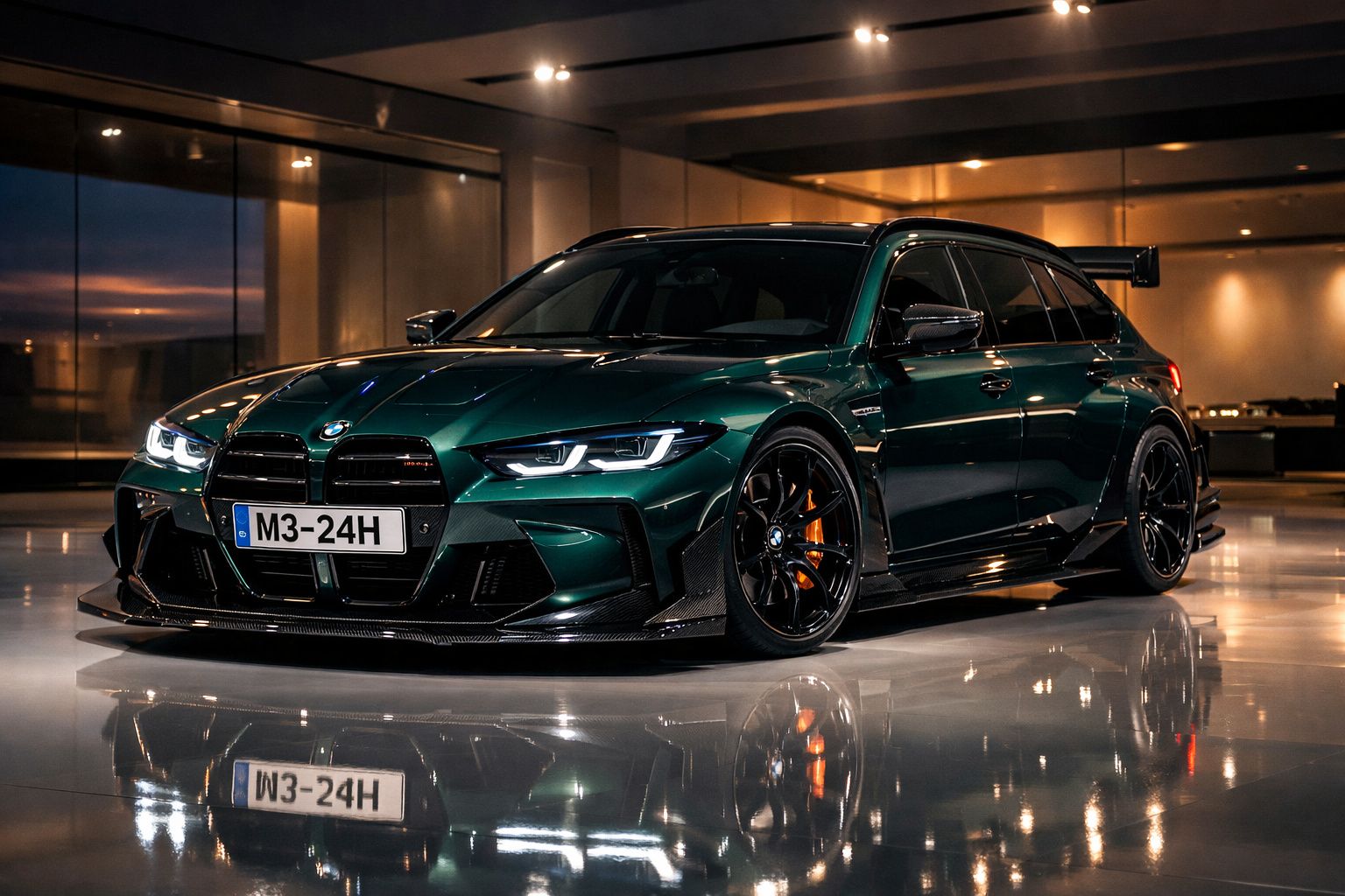 Carro BMW M3 verde escuro com faróis acesos estacionado em piso brilhante, ambiente interior moderno e iluminado.