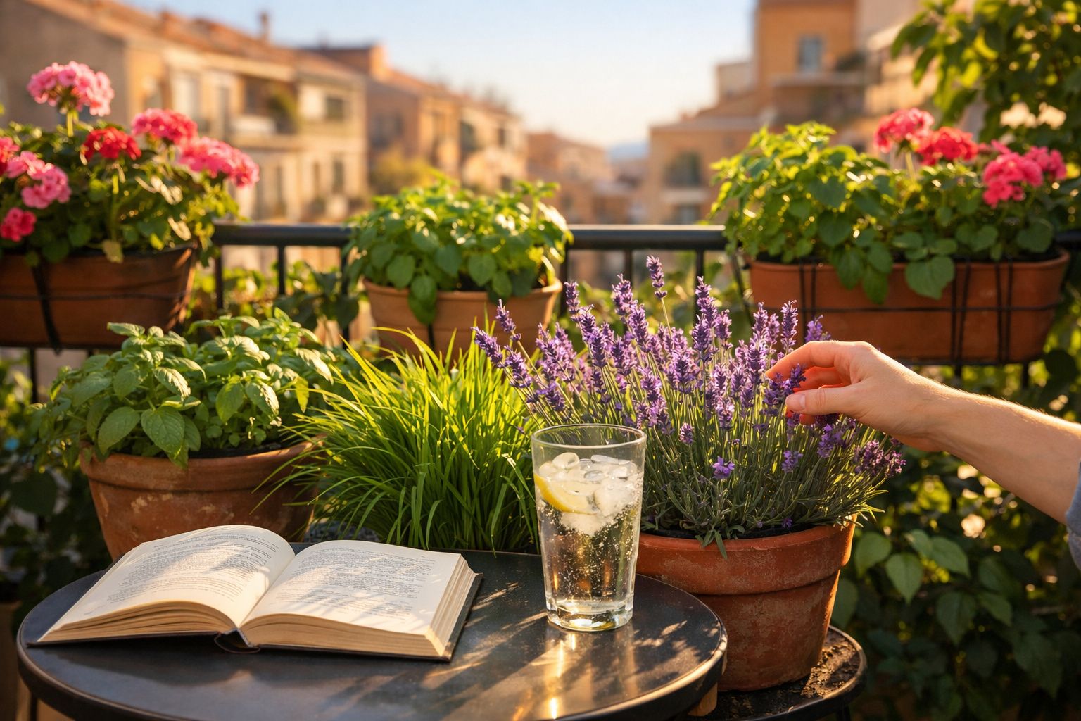 Mãos a tocar flores de lavanda num terraço com plantas, livro aberto e copo de água com gelo e limão.