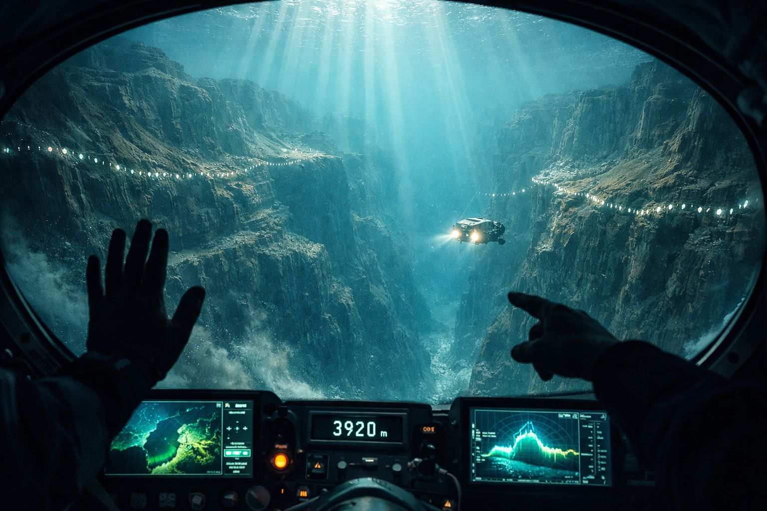 Vista subaquática de um veículo a explorar profundezas marinhas entre montanhas submarinas, visto de dentro de uma cabine.