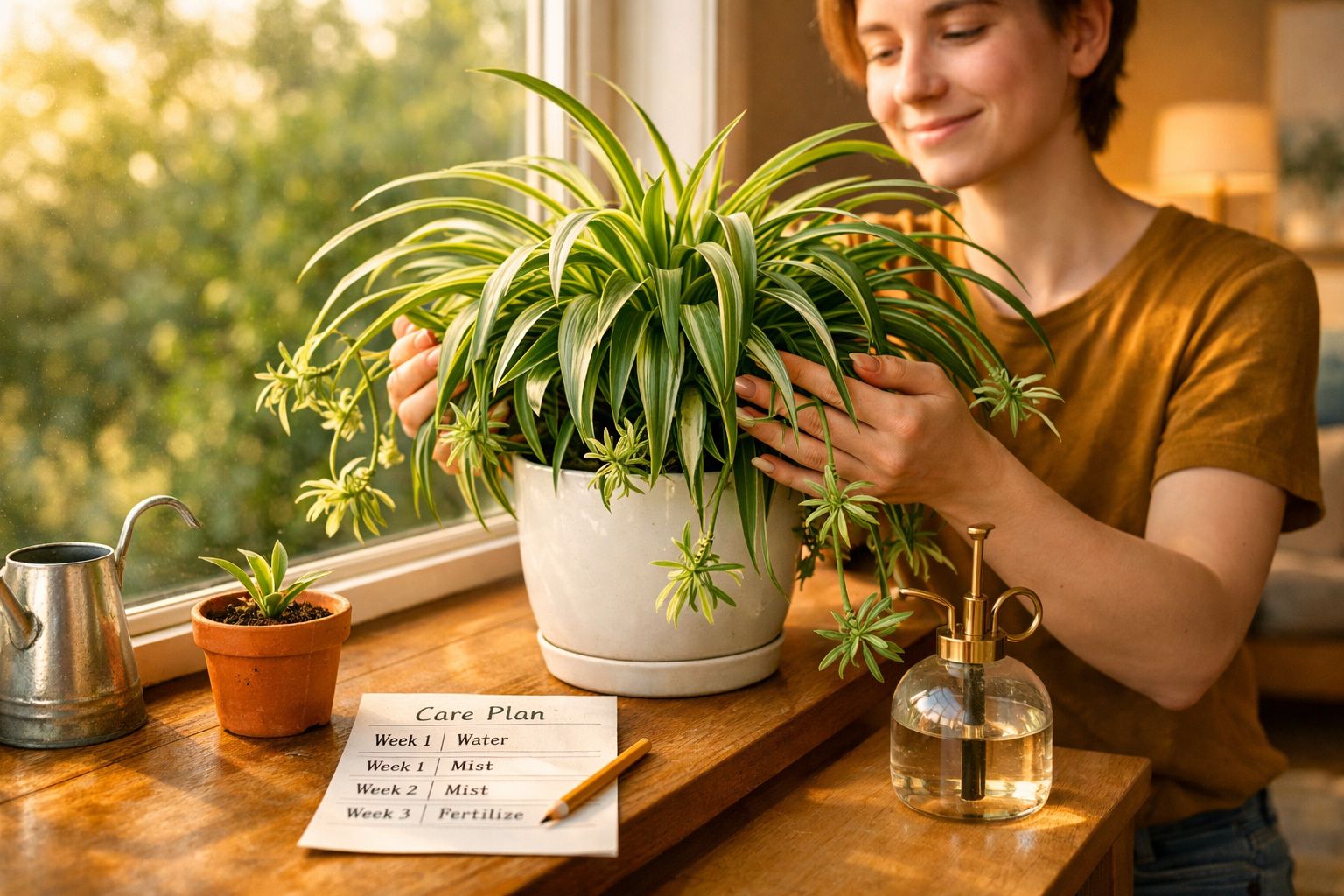 Pessoa a cuidar de planta pendente junto a janela com tabela de cuidados e pulverizador.