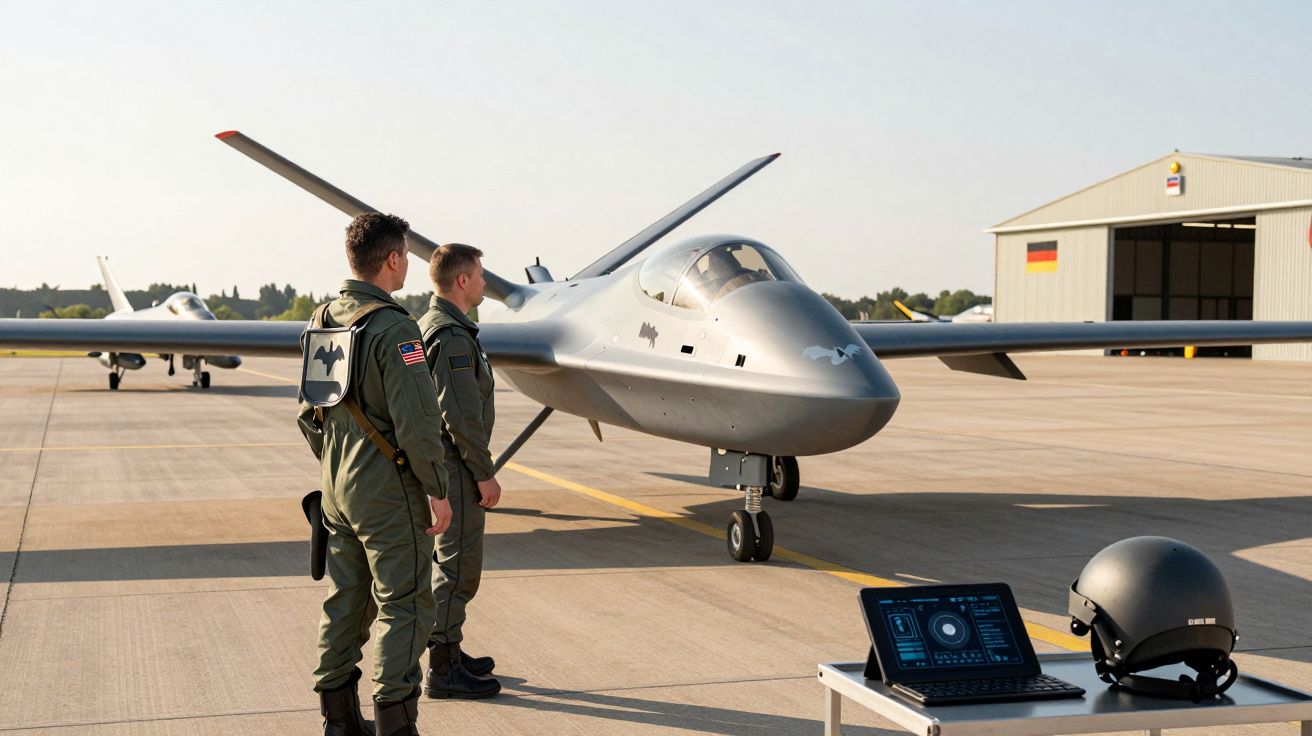 Dois militares observam um avião não tripulado cinzento numa pista com capacete e computador próximo.