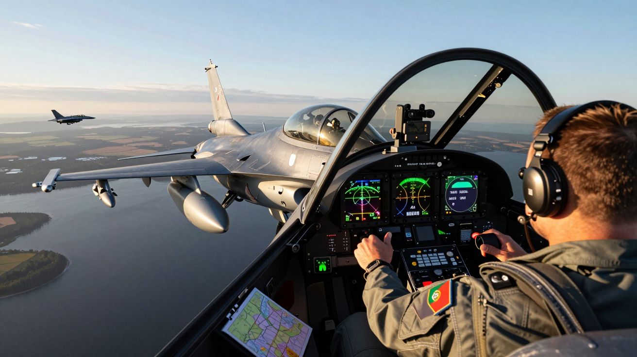 Piloto português dentro do cockpit de caça F-16 com outro caça a voar ao lado, sobre o mar ao pôr do sol.