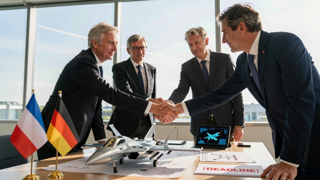 Quatro homens de fato apertam as mãos sobre mesa com maquete de avião e bandeiras da França e Alemanha.