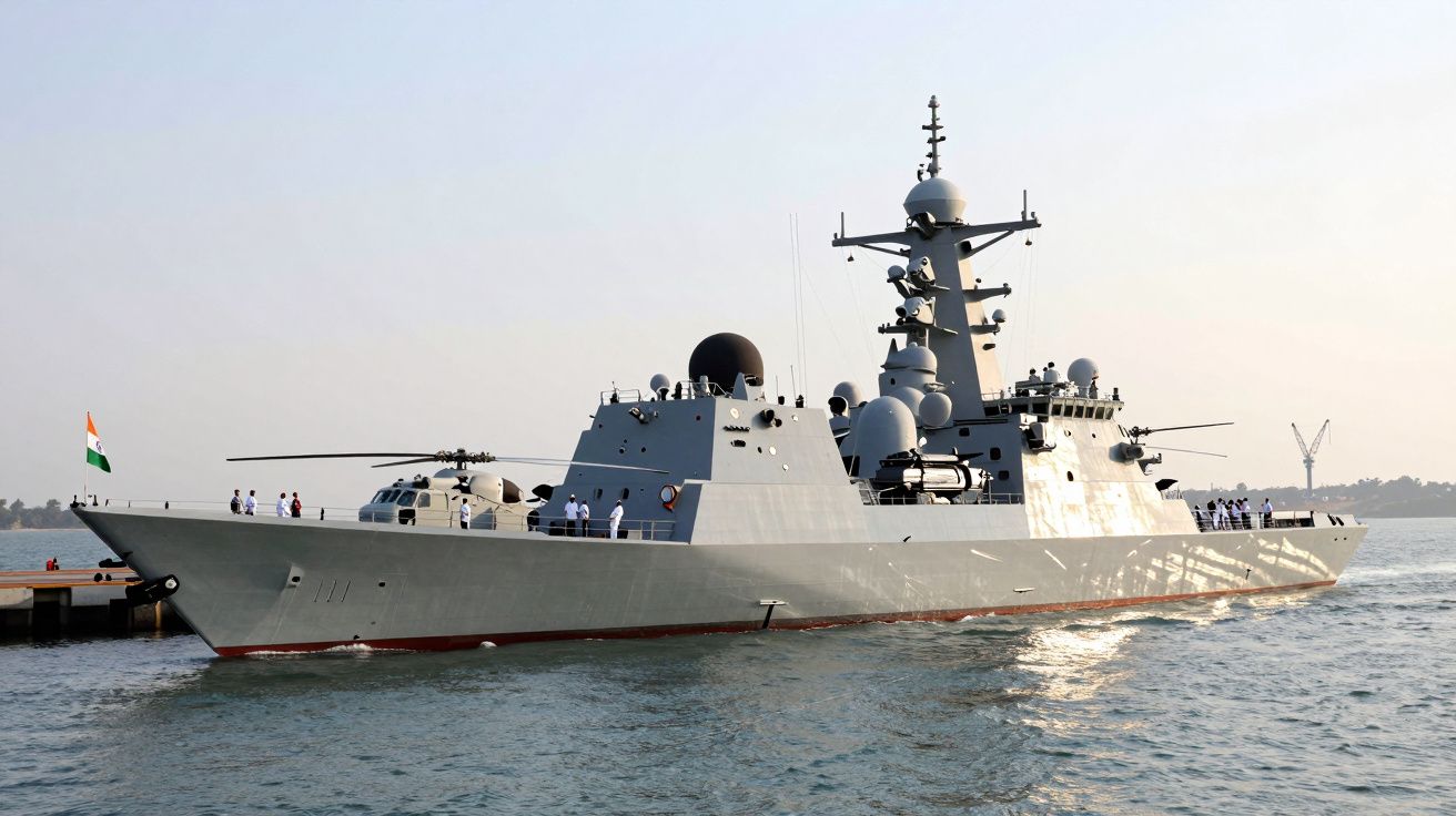 Navio de guerra cinzento com tripulação a bordo, hasteando a bandeira da Índia, atracado num cais marítimo.