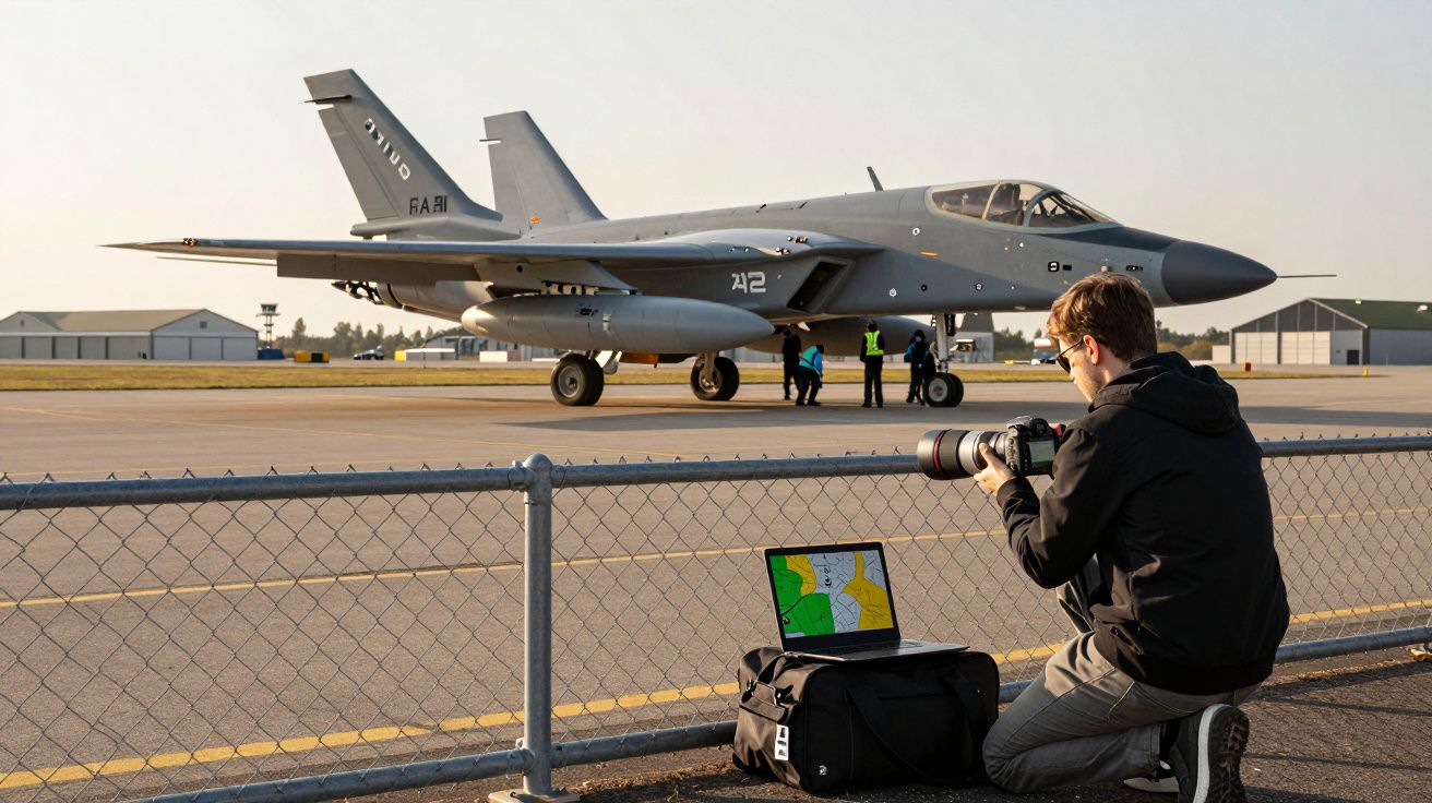 Homem fotografa caça na pista de uma base aérea, com portátil a mostrar mapa numa bolsa ao lado.