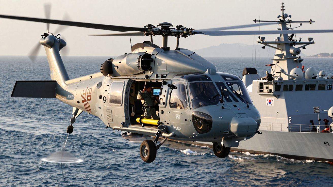 Helicóptero militar cinzento em voo sobre o mar perto de um navio de guerra com bandeira da Coreia do Sul.