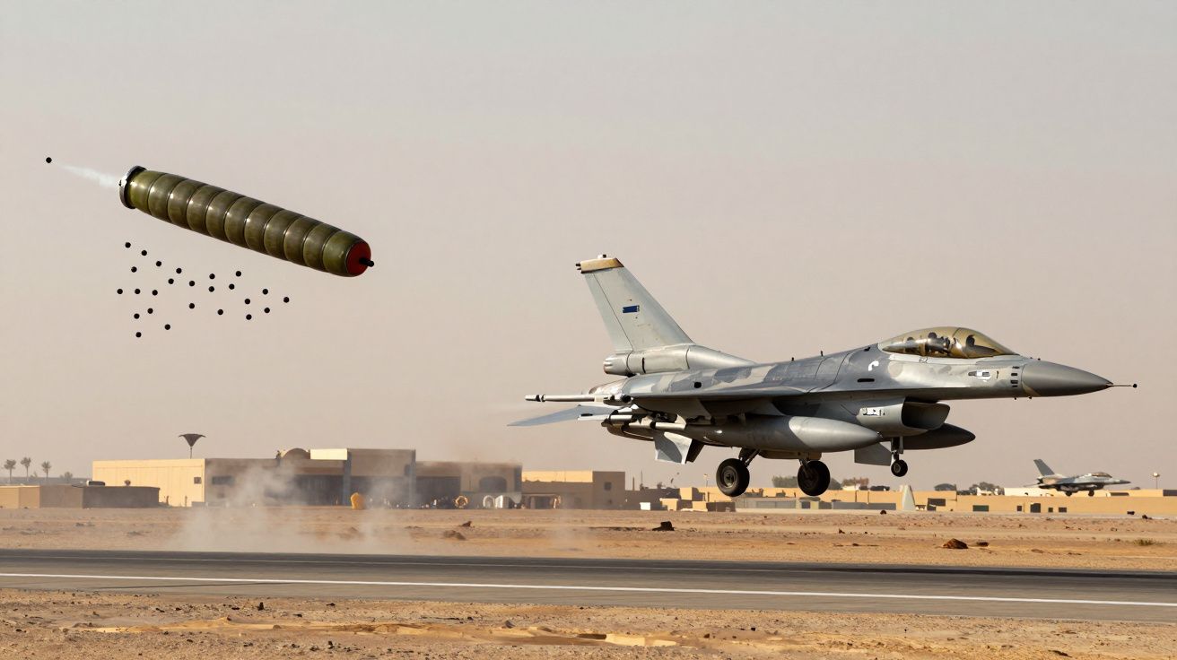 Caça F-16 descolando numa pista de deserto com contramedida lançada no ar.