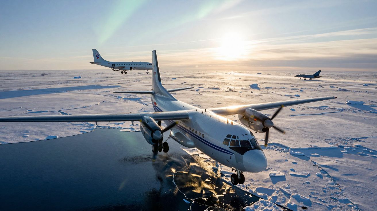 Aviões a voar sobre paisagem gelada com blocos de gelo e aurora boreal ao pôr do sol.
