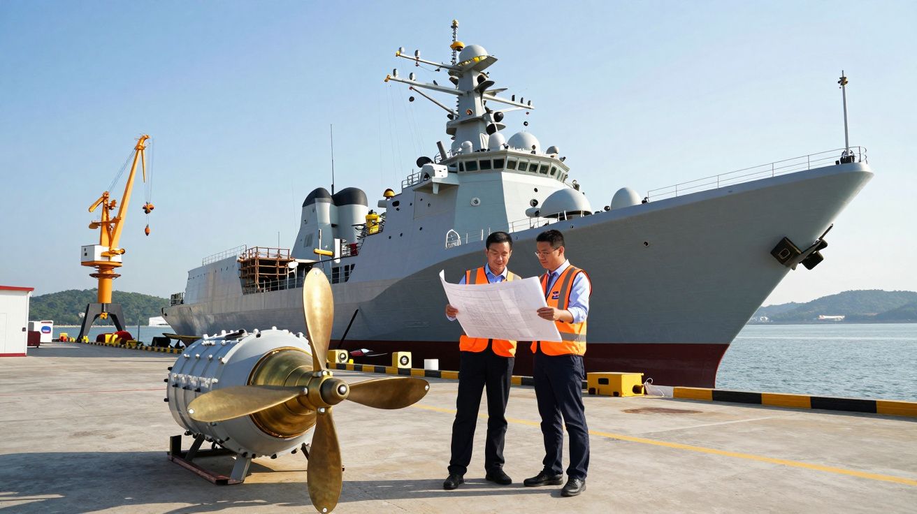 Dois homens de colete refletor analisam plantas junto a um motor de hélice, com um navio militar ancorado ao fundo.
