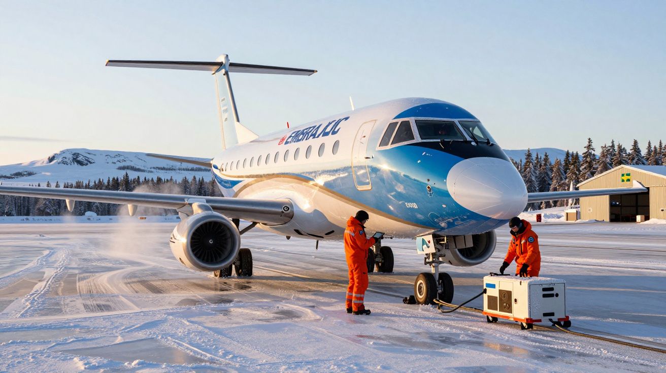 Avião em pista coberta de neve com duas pessoas em fatos laranja a operar equipamento de apoio.