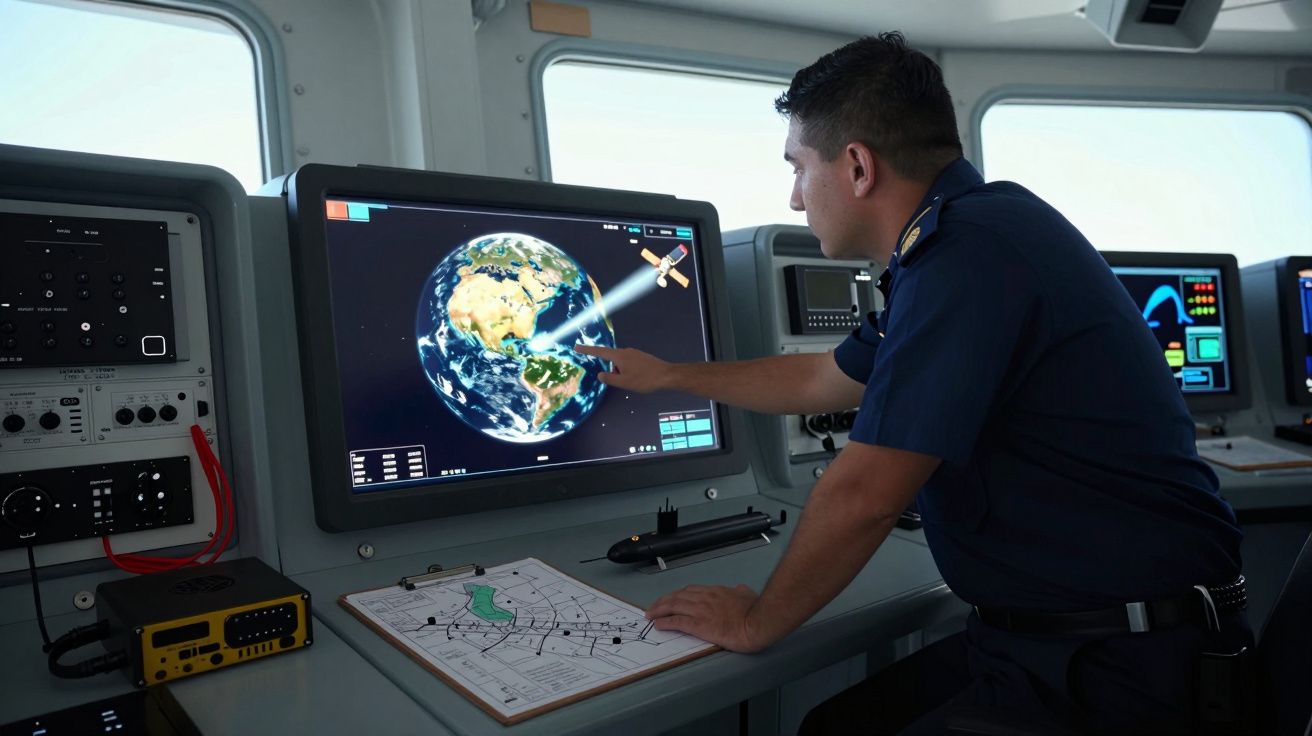 Homem em uniforme naval apontando para um ecrã com imagem da Terra e satélite numa sala de controlo.