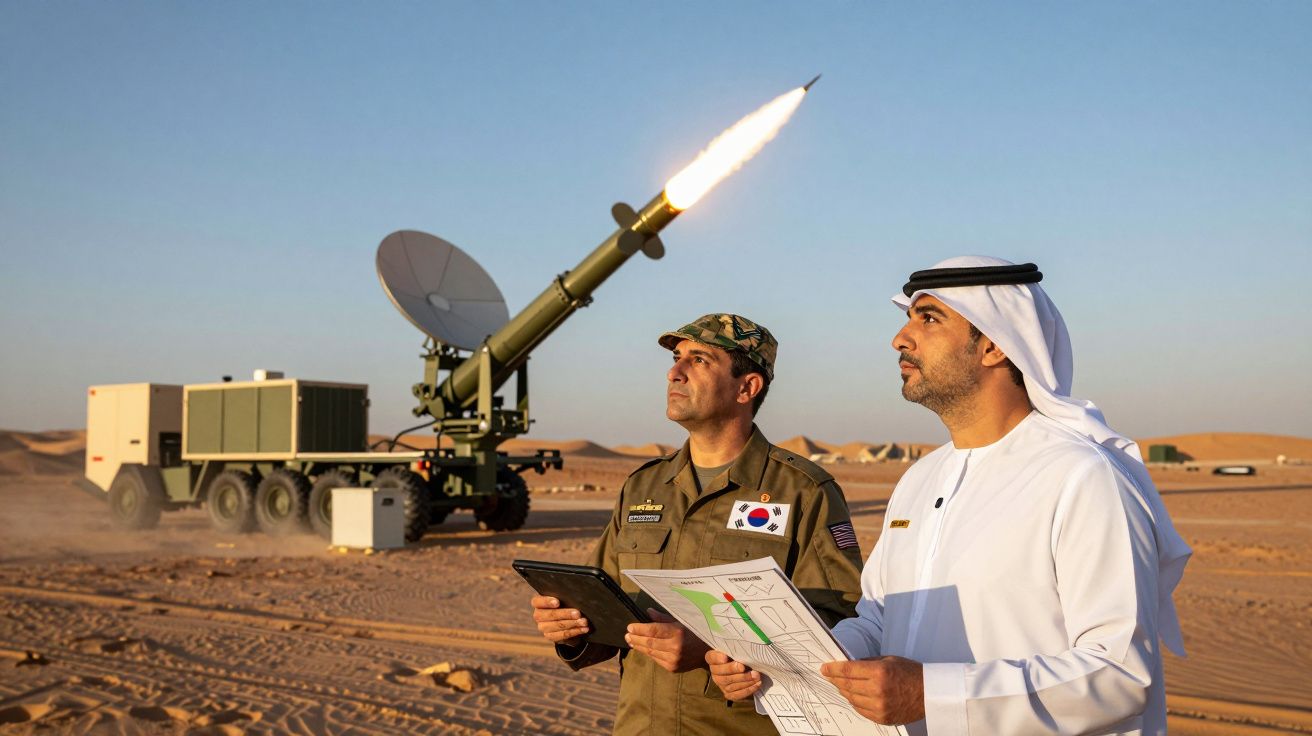 Dois homens, um militar e outro com traje árabe, observam lançamento de míssil no deserto.