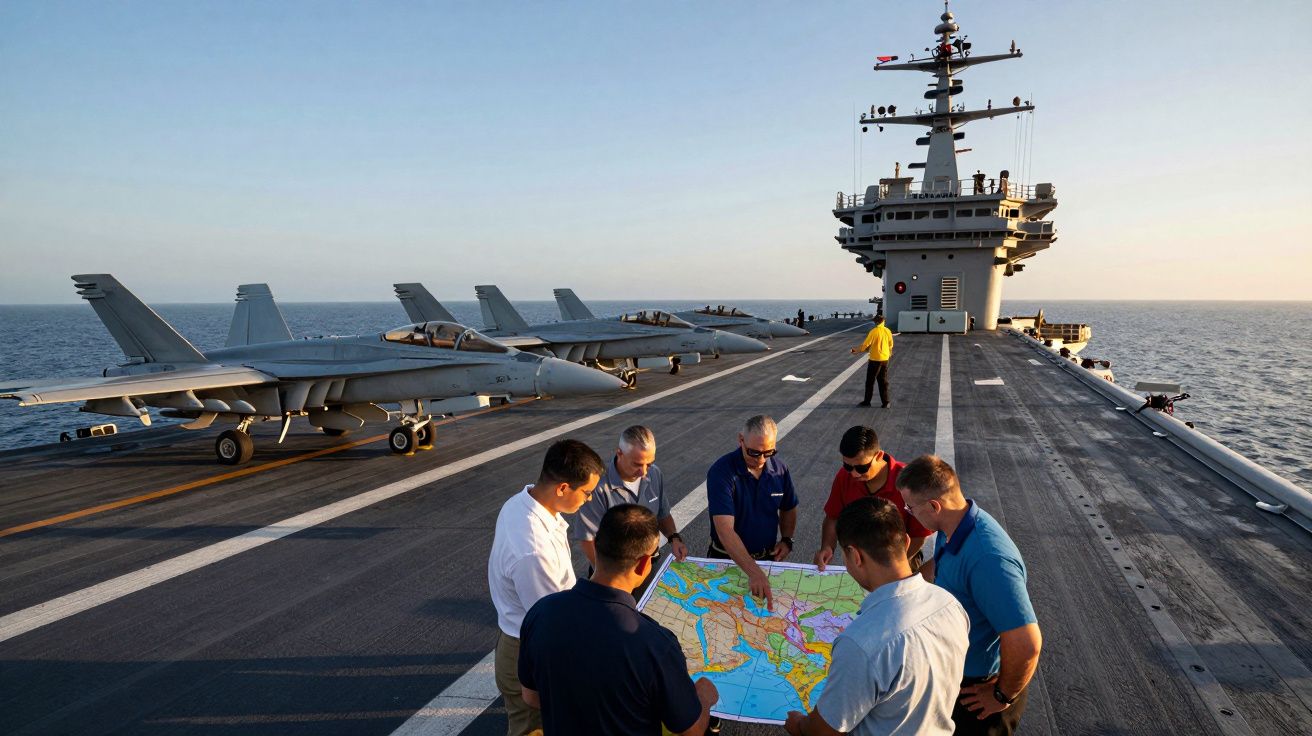 Militares a analisar mapa no convés de um porta-aviões com aviões estacionados ao fundo, no mar.