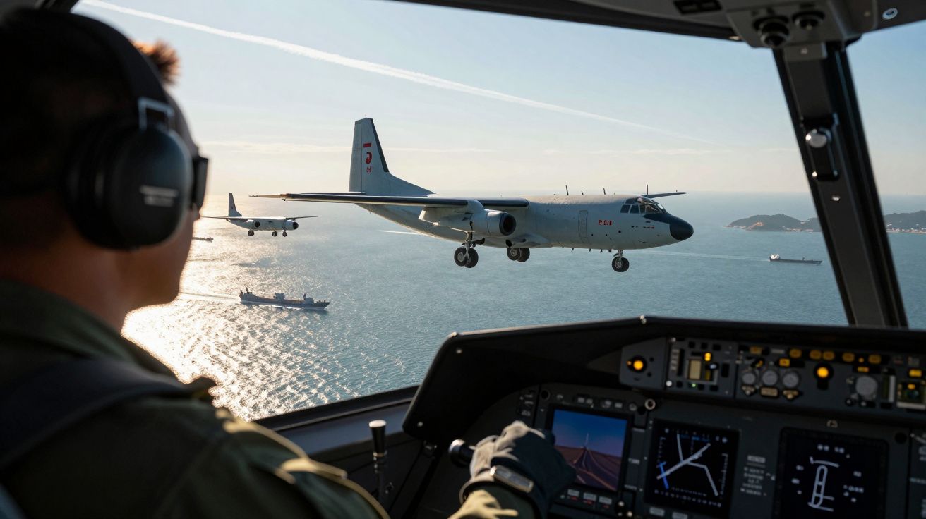 Piloto em cabine de avião observa outra aeronave militar voando sobre o mar ao pôr do sol.