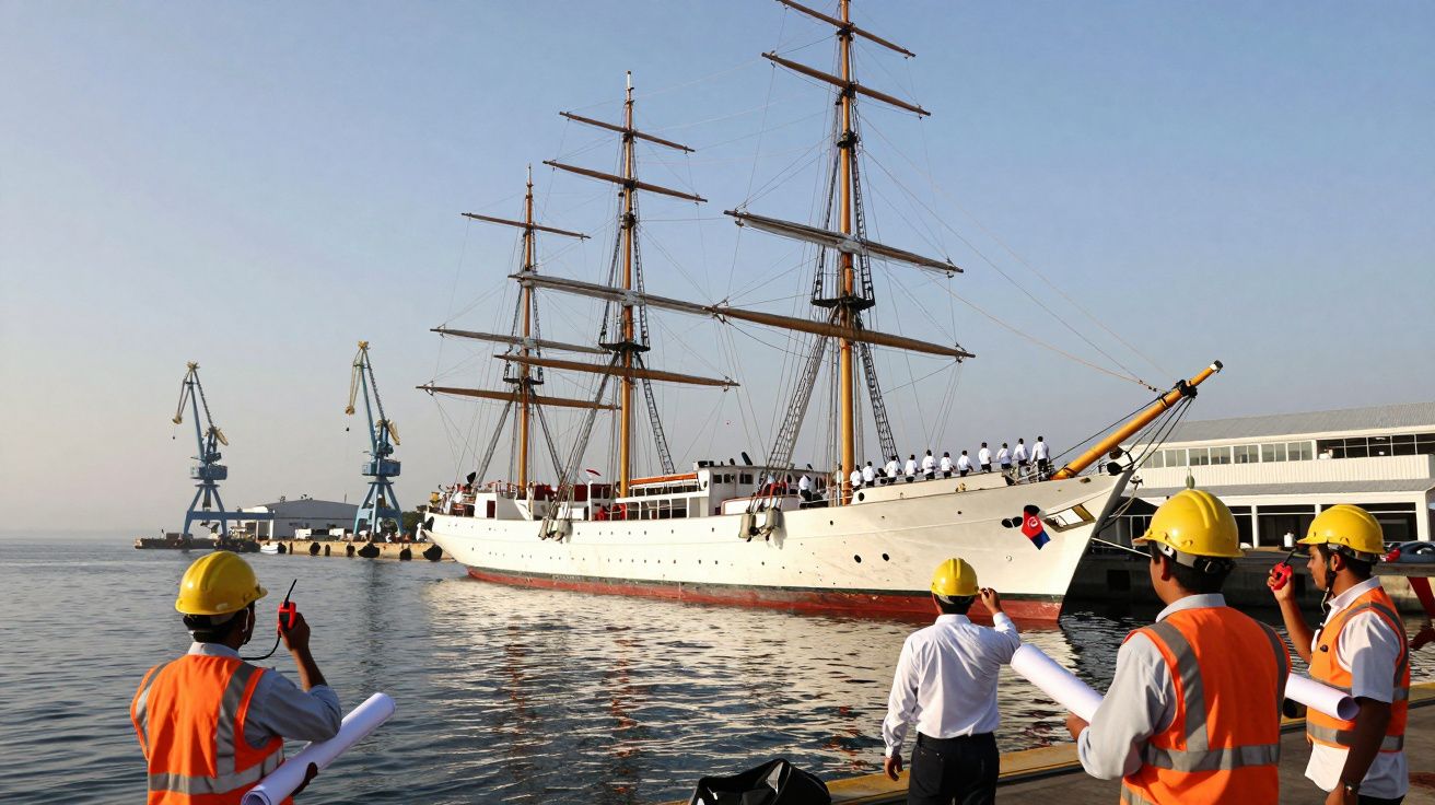 Homens de capacete e colete laranja orientam a atracação de um navio histórico de três mastros no porto.