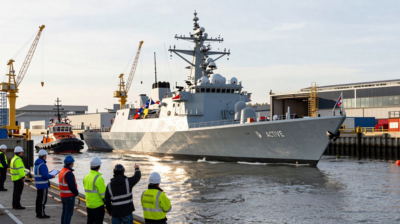 Navio militar cinzento com nome Active atracado no porto, com trabalhadores de colete refletor a observar e guindastes ao fun