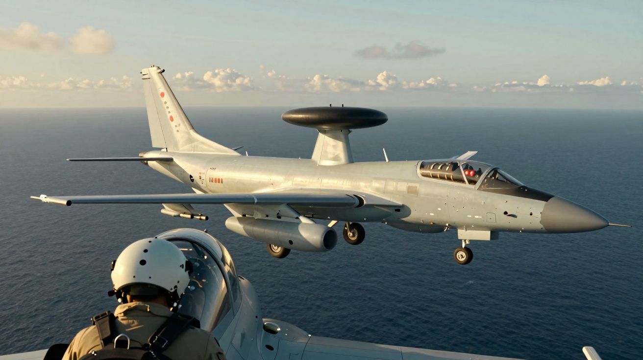 Avião militar de reconhecimento com radar sobrevoa o mar próximo a piloto em outro avião.