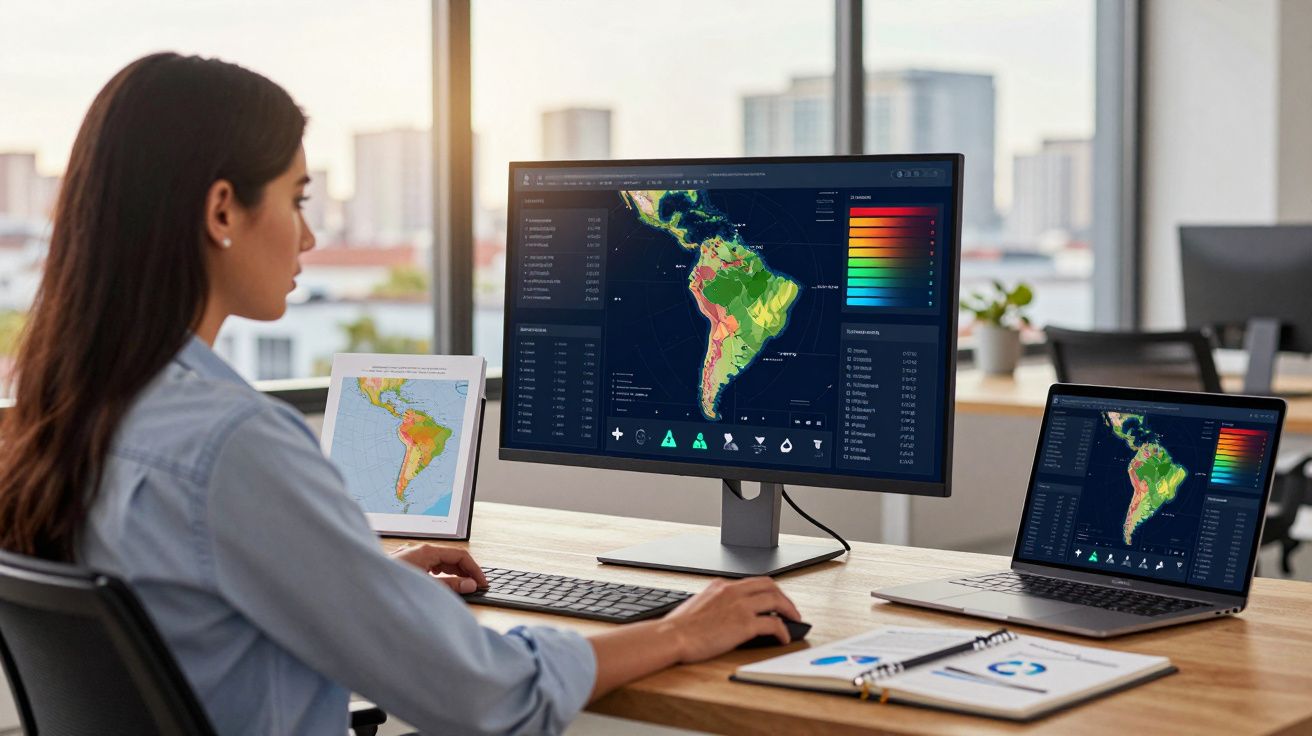 Mulher a analisar mapas digitais de América do Sul num monitor e portátil num escritório moderno.