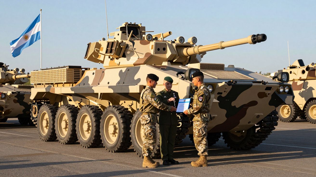 Três militares junto a veículo blindado camuflado com bandeira da Argentina ao fundo, em dia de sol.