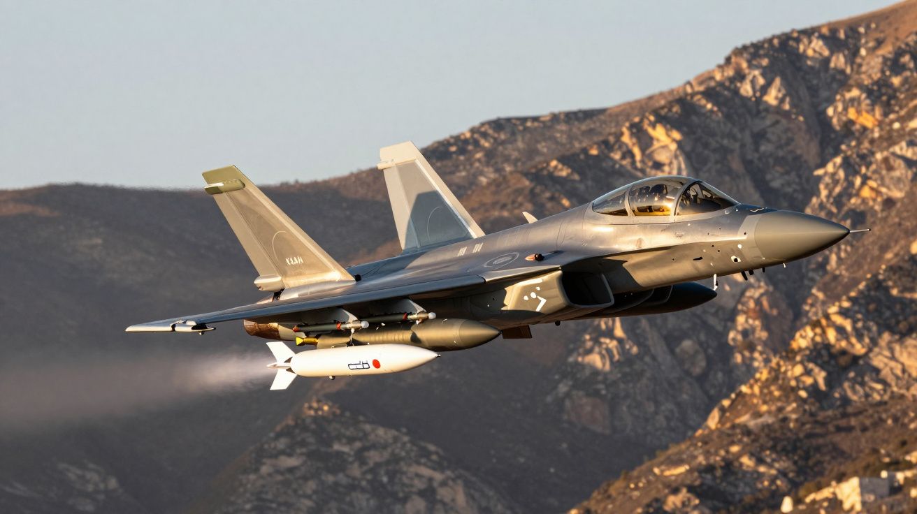 Caça militar cinzento a voar com montanhas ao fundo durante o dia.
