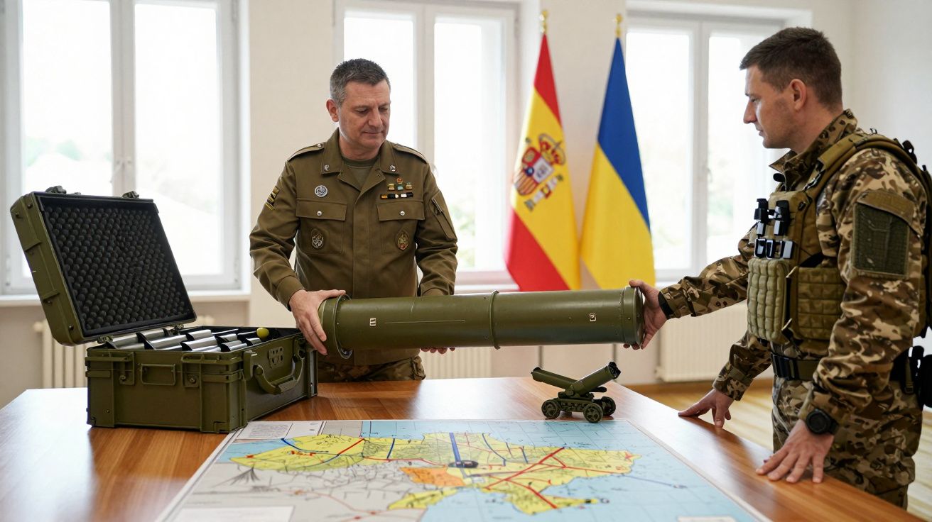Dois militares em fardas trabalhando com equipamento militar e mapa, com bandeiras da Espanha e Ucrânia ao fundo.