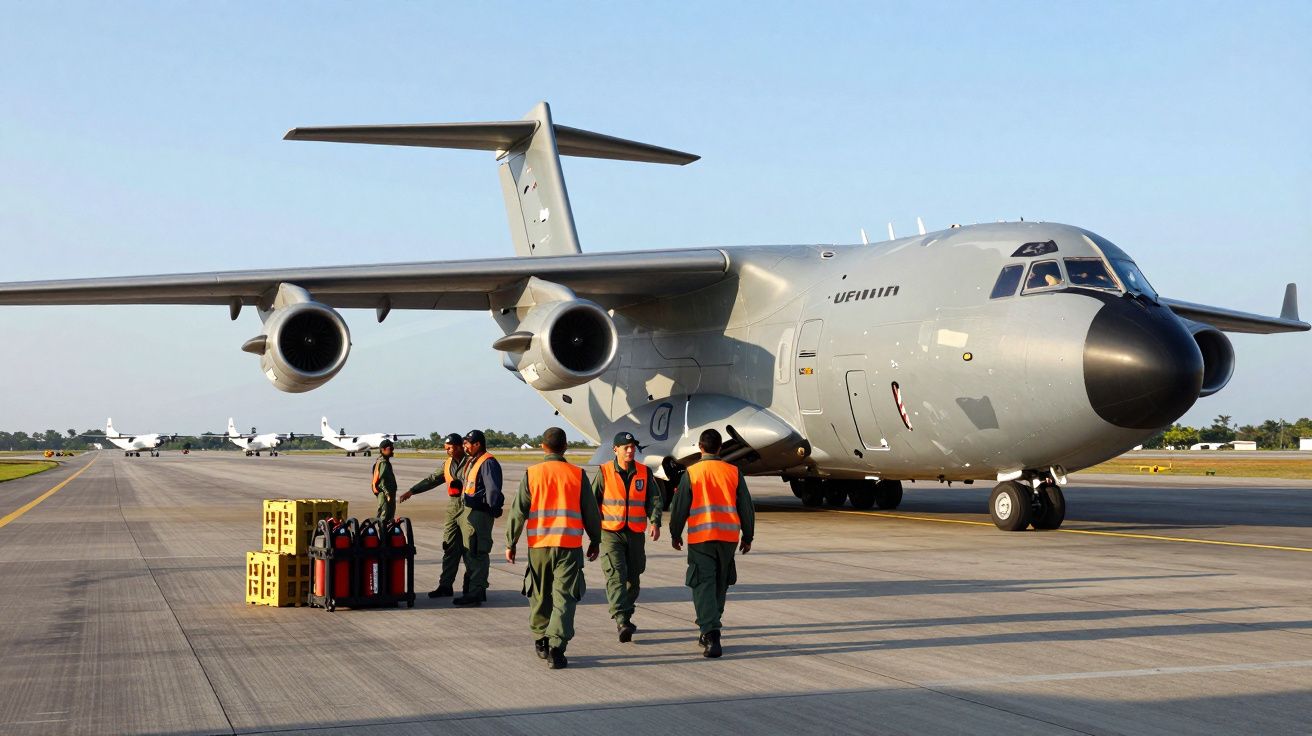 Militares com coletes refletores junto a avião de transporte militar estacionado em pista de aeroporto.