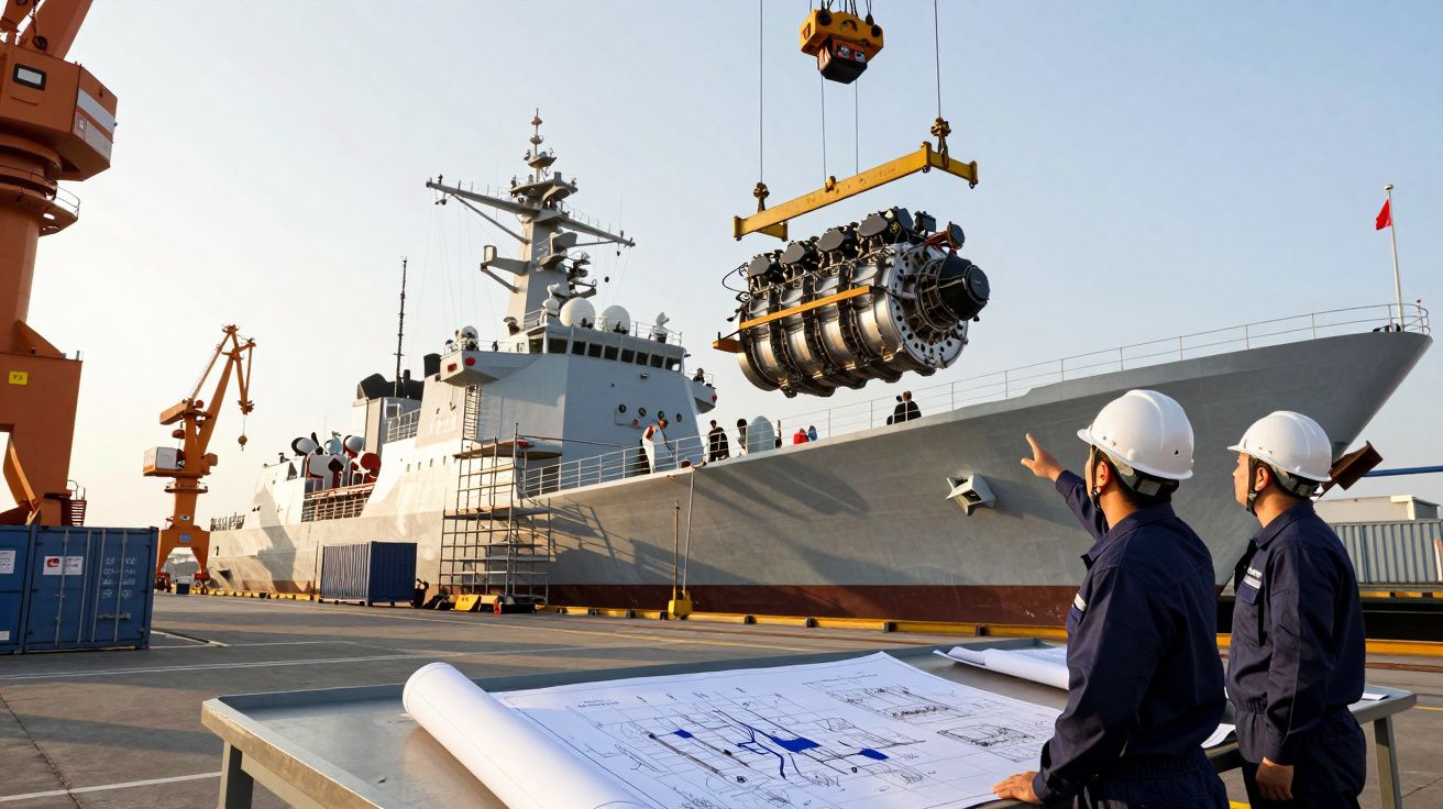 Dois trabalhadores com capacetes observam uma peça pesada suspensa por um guindaste junto a um navio militar no porto.