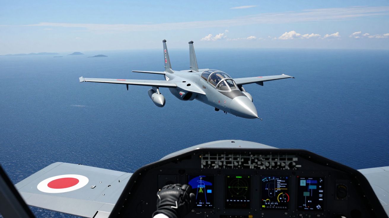 Visão do cockpit de um avião militar a voar em formação sobre o mar azul e céu limpo.