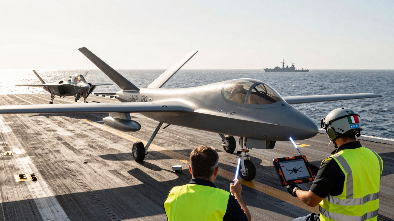 Dois técnicos em coletes amarelos operam e inspeccionam uma aeronave não tripulada num porta-aviões no mar.