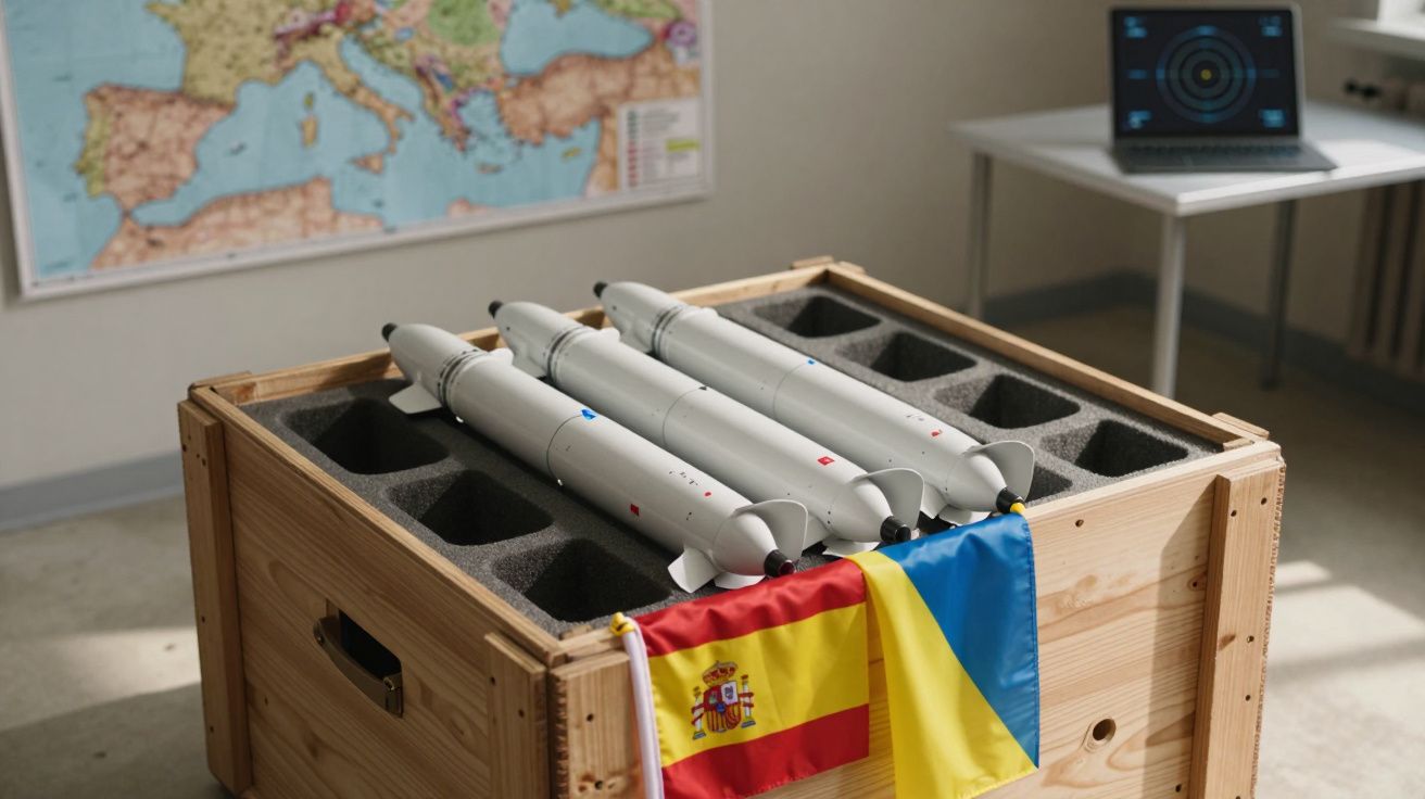 Três mísseis numa caixa de madeira com as bandeiras de Espanha e Ucrânia numa sala com mapa da Europa.