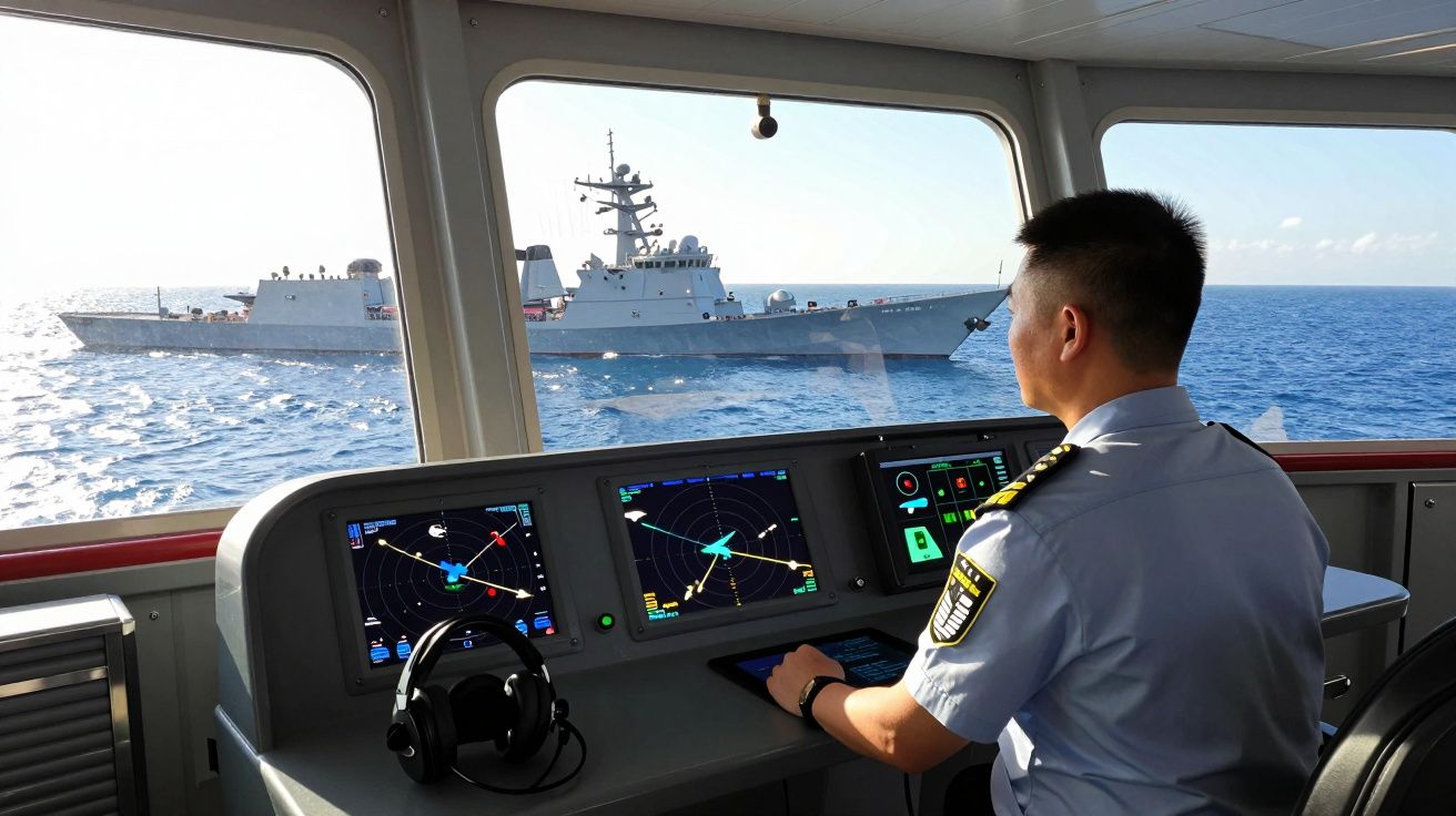 Oficial naval controla navegação de navio de guerra chines, com radar e monitores no convés de comando.
