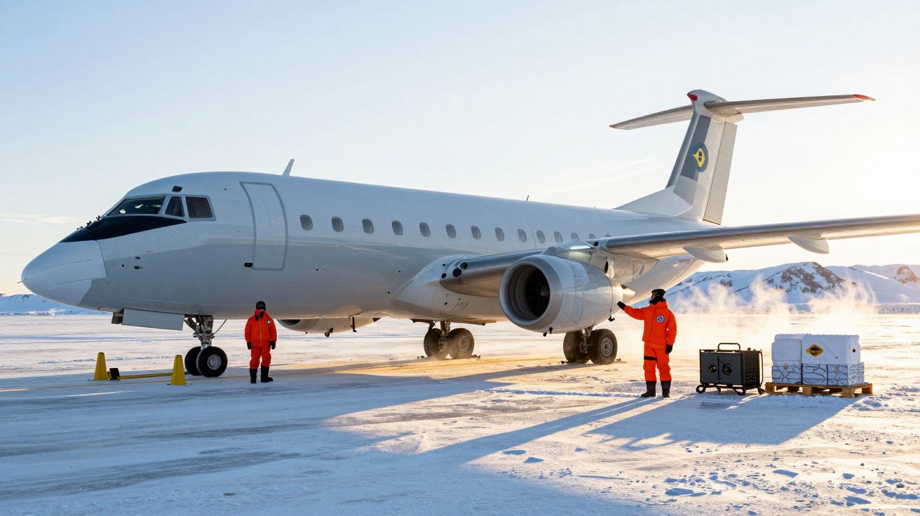 Avião branco parado no gelo com duas pessoas em fatos laranja a preparar carga num ambiente frio e montanhoso.