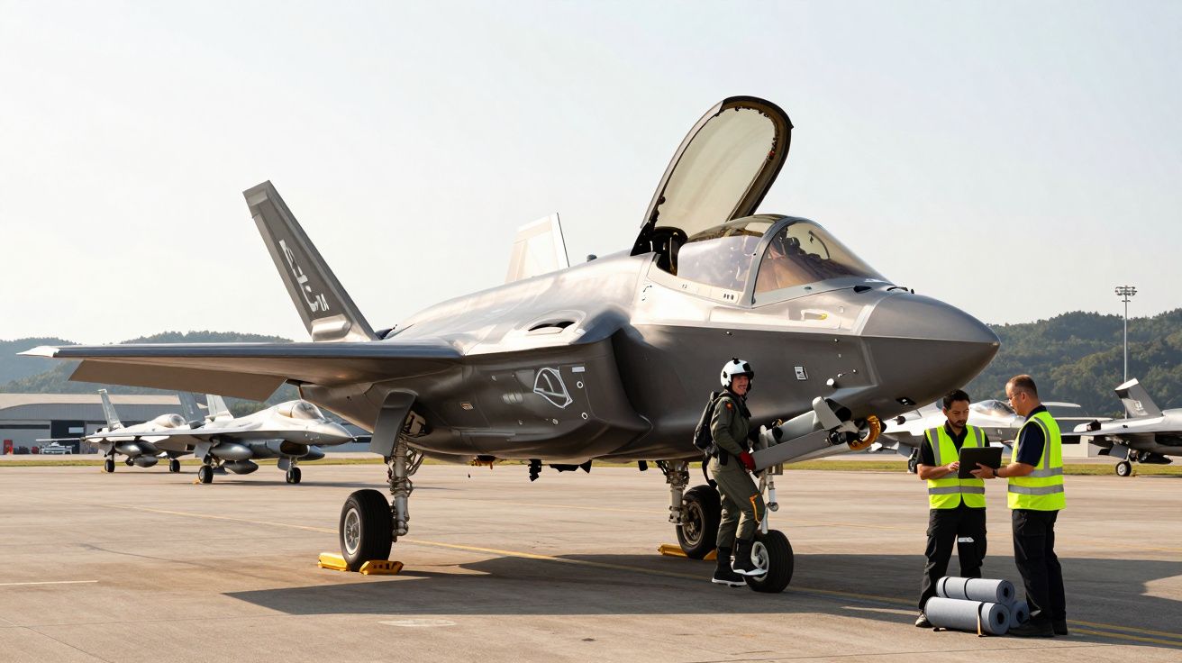 Caça F-35 estacionado na pista com piloto e dois técnicos em coletes refletores a conversar ao lado.