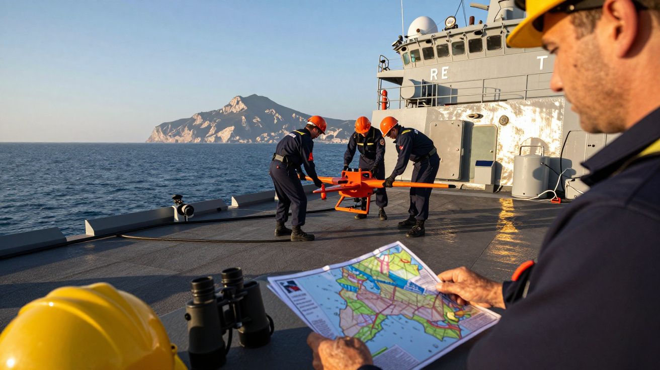 Militares com capacetes laranja preparam drone num navio, com mapa e binóculos no convés, mar e montanha ao fundo.