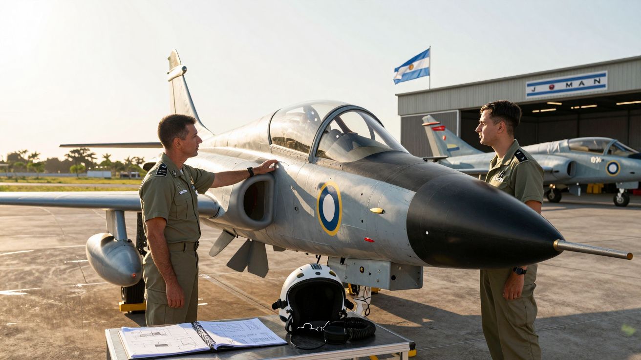 Dois pilotos militares junto a um caça estacionado numa pista de aeroporto ao pôr do sol.