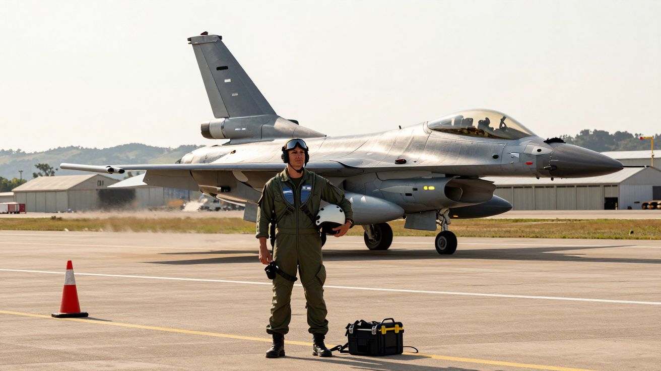 Piloto com fato de voo e capacete na mão em frente a jato militar estacionado num aeroporto.